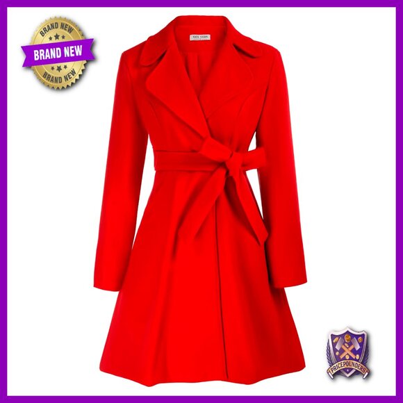 Wool Peacoat Dress Coat Belted A-Line Trench Classic Elegant Fall Winter